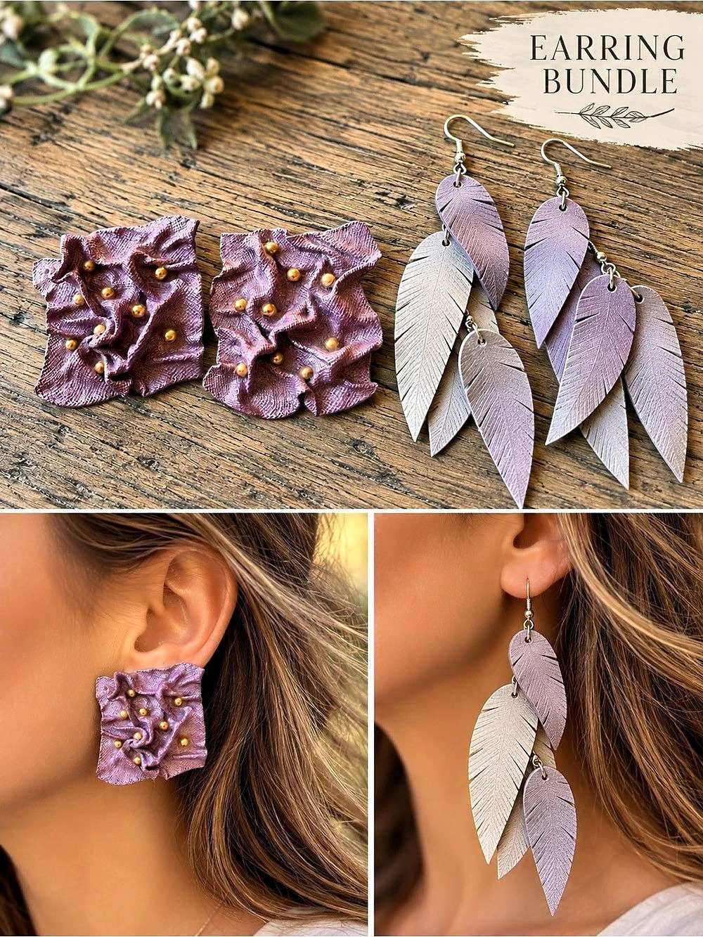 2 Pair Purple Statement Earrings Bundle Ruffle Studs Leaf Dangles Boho